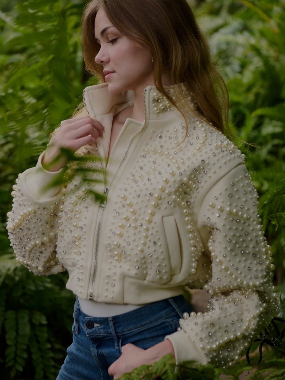 Pearl-Embellished Cream Bomber Jacket - Women's Jacket & Coat